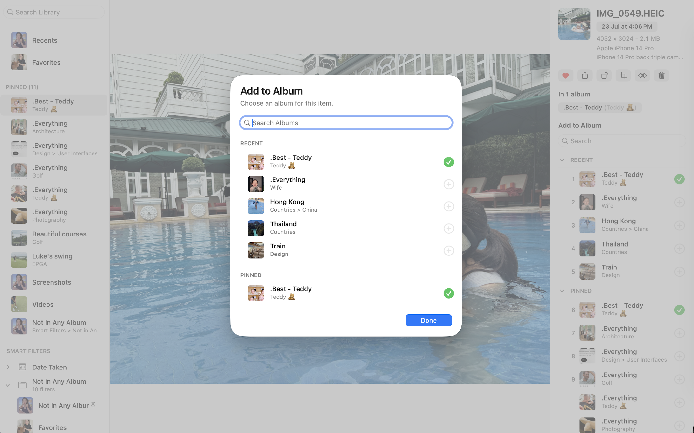 Opla for Mac Add to Albums picker with search, recent albums, pinned albums, and folders