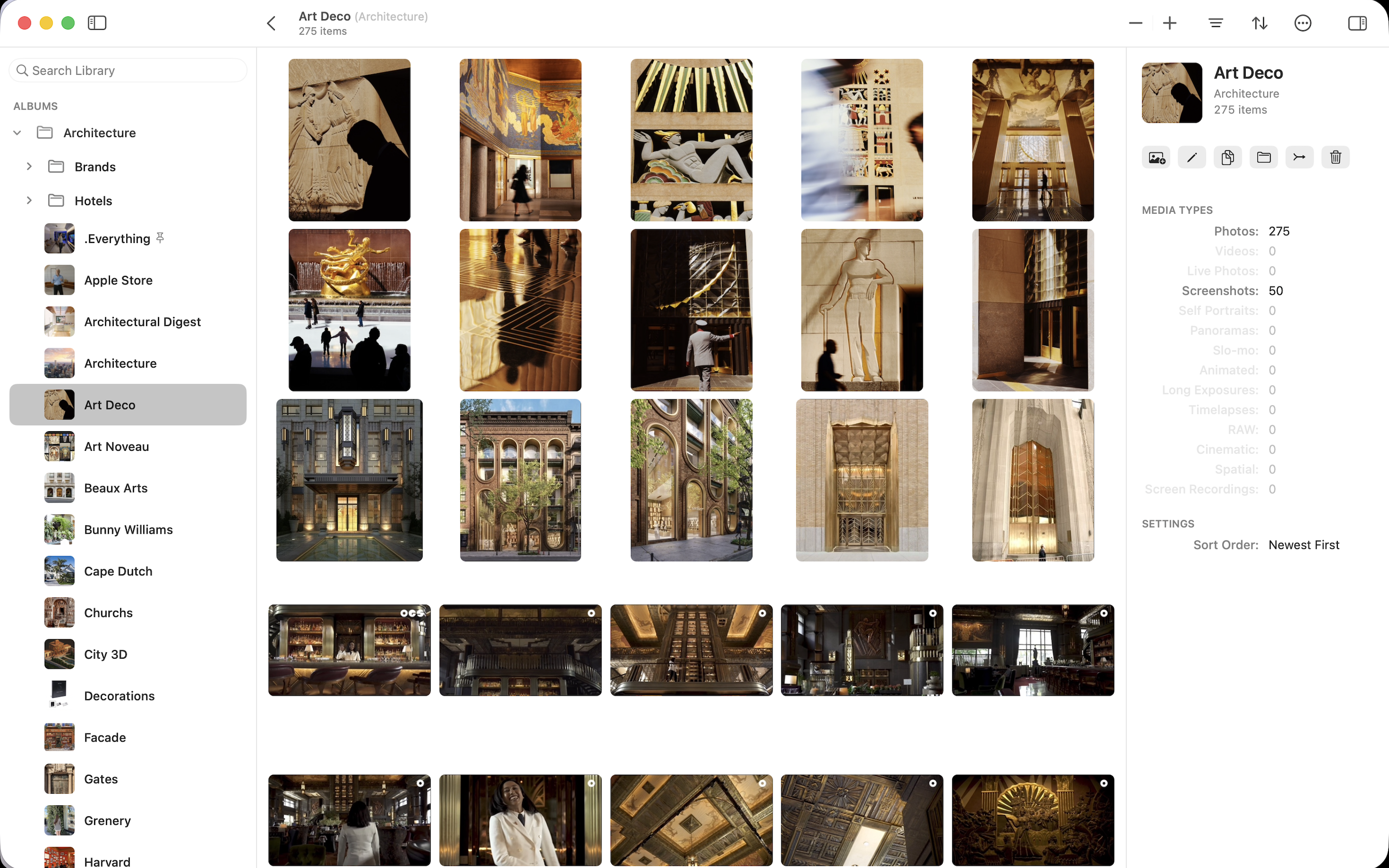 Opla for Mac album grid with sidebar, photo thumbnails, album details, and inspector actions
