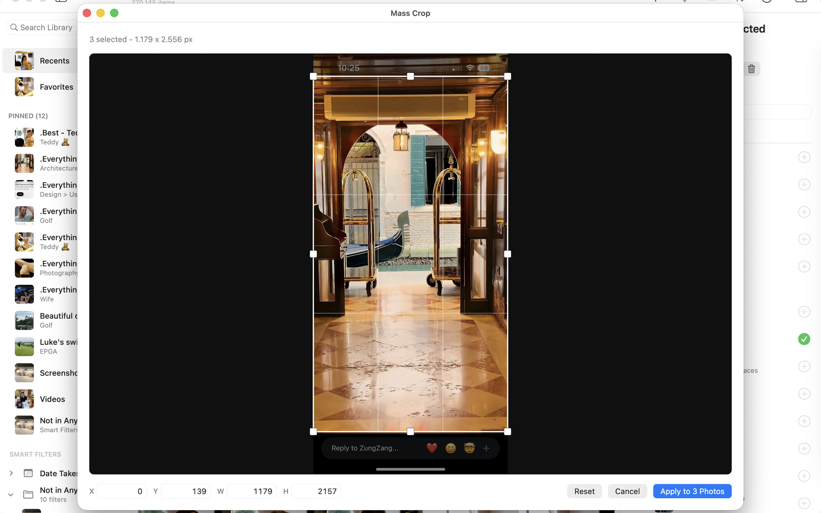 Opla for Mac Mass Crop window with crop handles and an Apply to 3 Photos action
