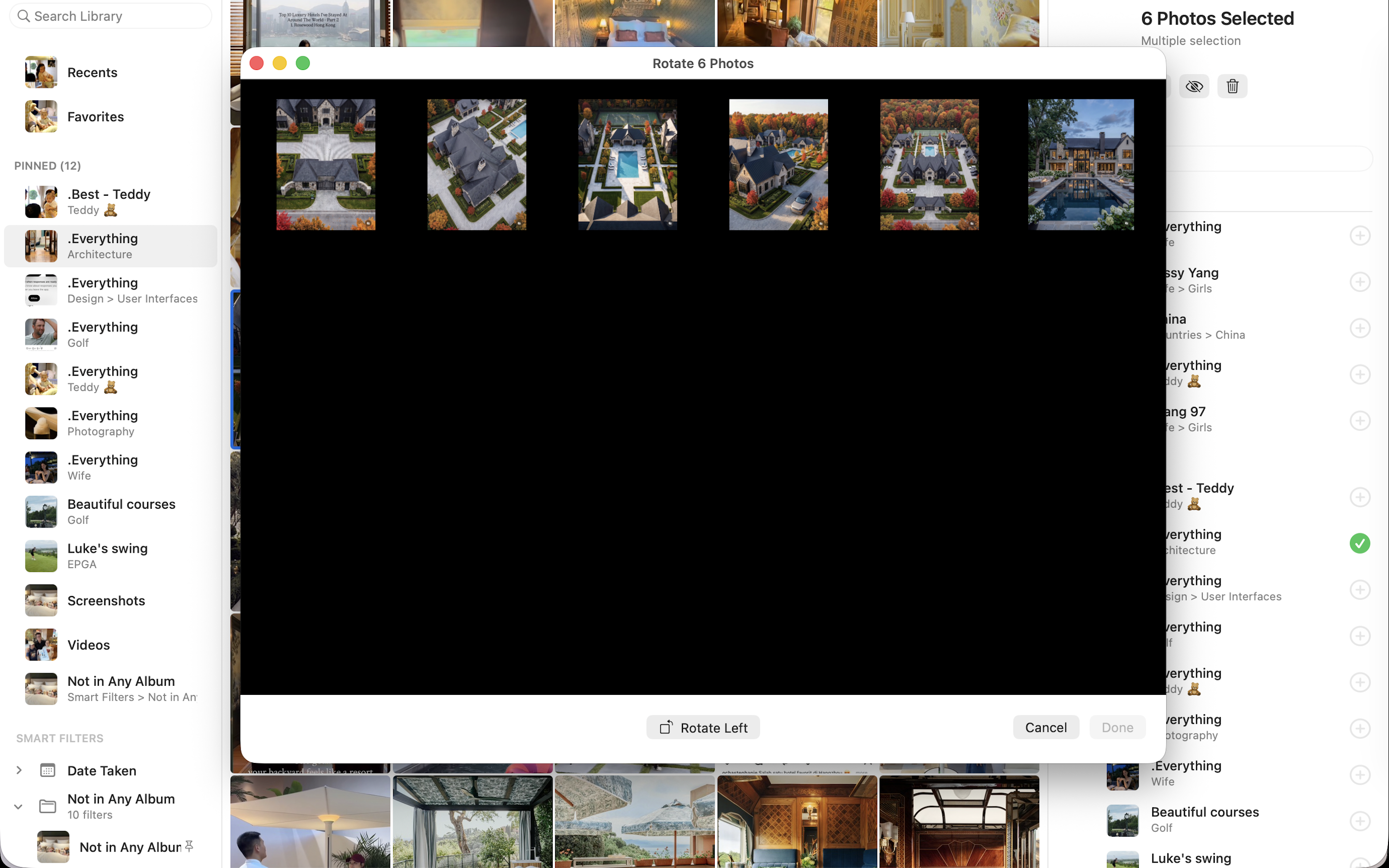 Opla for Mac Rotate 6 Photos window with selected images and a Rotate Left action