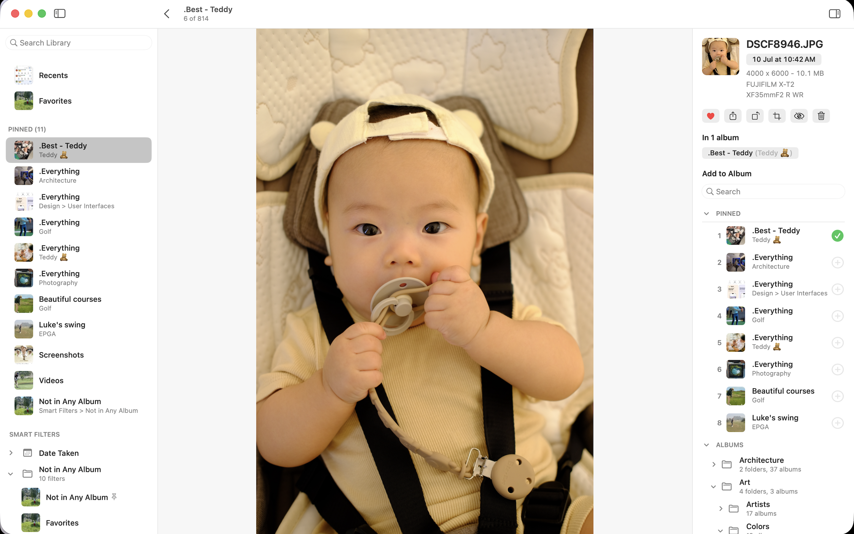 Opla for Mac photo viewer with library sidebar, photo details, album membership, and quick actions