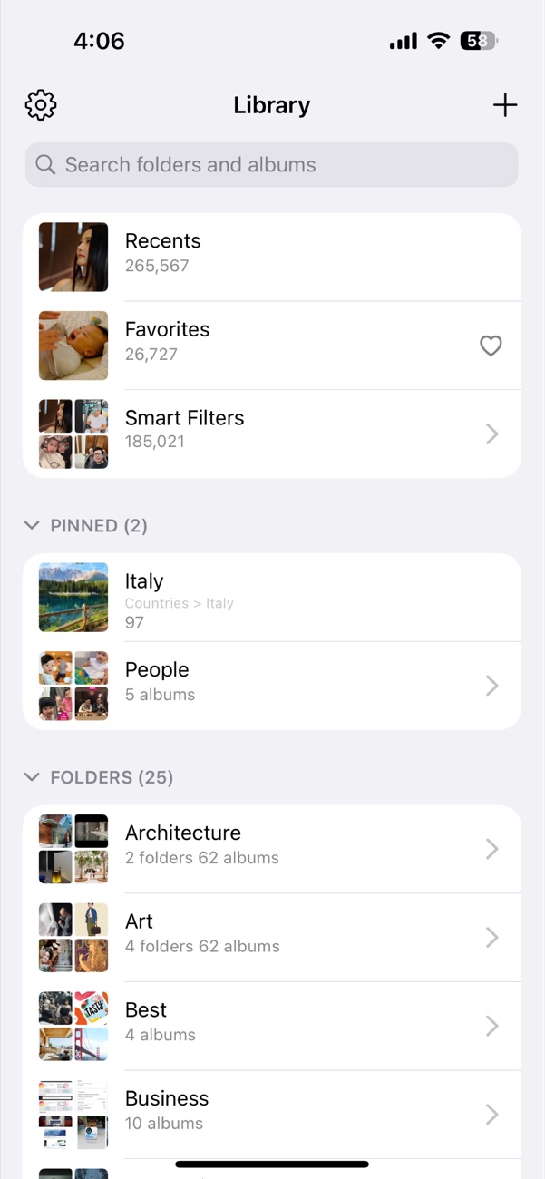 Opla Library screen showing search, Recents, Favorites, Smart Filters, pinned albums, and folder sections